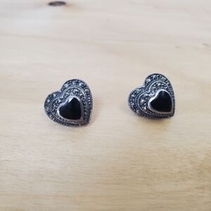 Vintage 925 Sterling Silver Black Onyx Marcasite Heart Stud Earrings Y2K Glam
